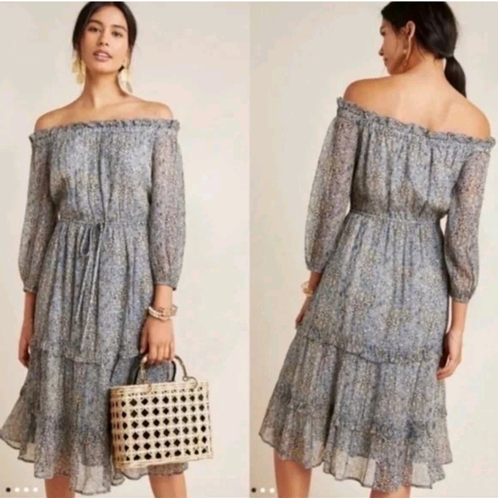 Anthropologie Kira Off Shoulder Dress Grey Tiered Floral Lurex Midi Boho 12